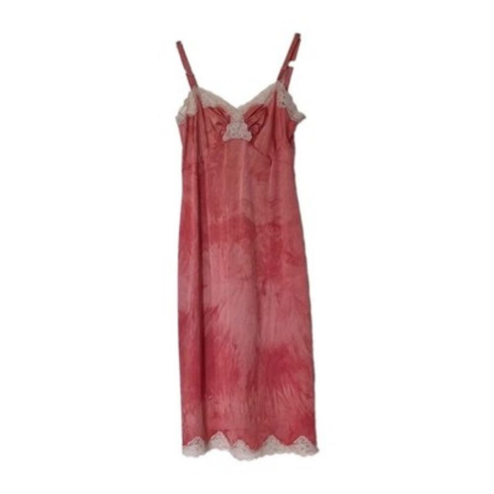 Vtg Lace Trim Nylon Slip Dress Womens S 34 Pink Tie Dye Coquette Fairycore 80s